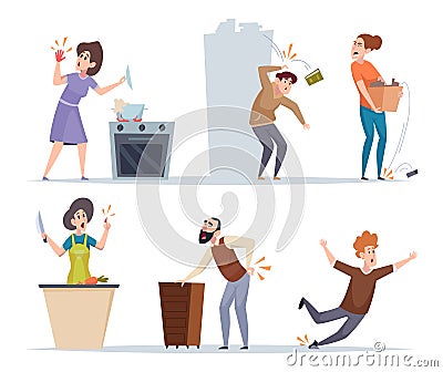 Injuries. House damaged accidents human problems with household gadgets exact vector injuries situations Vector Illustration