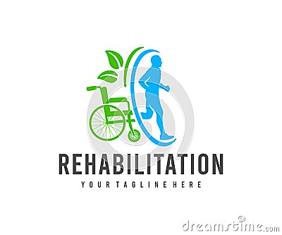 Injury rehabilitation, wheelchair and healthy person, logo design. Medical, healthcare and traumatology, vector design Vector Illustration