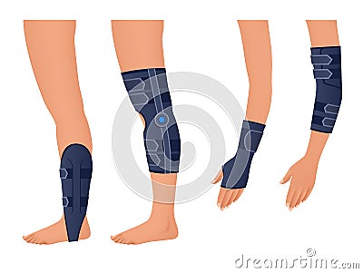 Injury shoulder, arm, leg, back, osteoporosis. Immobilizer. Rehabilitation after trauma. Orthopedics and medicine Vector Illustration