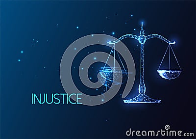 Injustice, broken law concept with broken scales symbol in futuristic glowing style on dark blue Vector Illustration