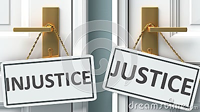 Injustice or justice as a choice in life - pictured as words Injustice, justice on doors to show that Injustice and justice are Cartoon Illustration