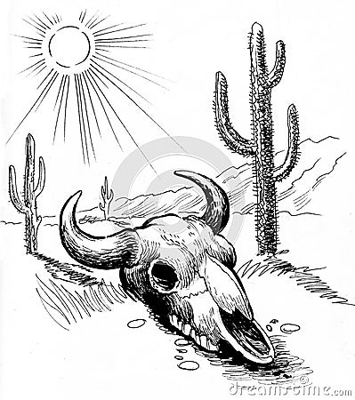 Bull skull in desert Cartoon Illustration