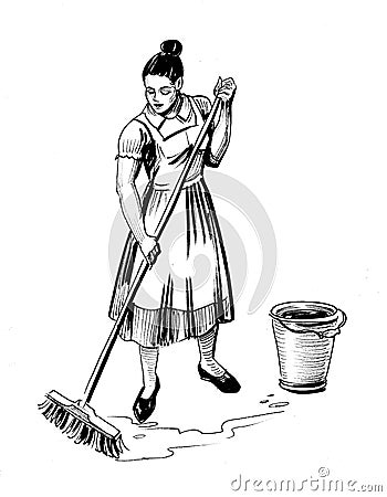 Woman mopping floor Cartoon Illustration