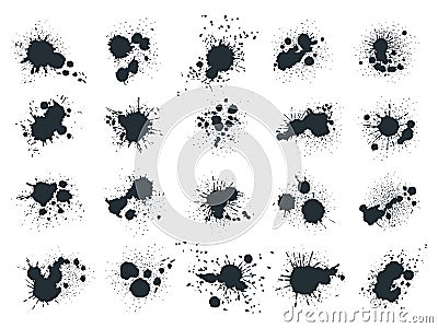Ink blob splashes. Black paint drops and spots, abstract ink splatters. Liquid writing ink grunge drops silhouettes flat vector Vector Illustration