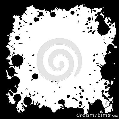 Ink blot grunge square frame, black drops on white background. Vector Illustration