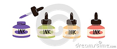 Ink bottles of different color, tincture. Open and closed containers with calligraphy essence, dropper, pipette. Flat Vector Illustration