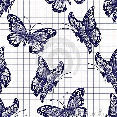 Ink butterflies seamless pattern, doodle insect, painted purple inky graphic sketch. Hand drawing ballpoint pen drawn in checkered Vector Illustration