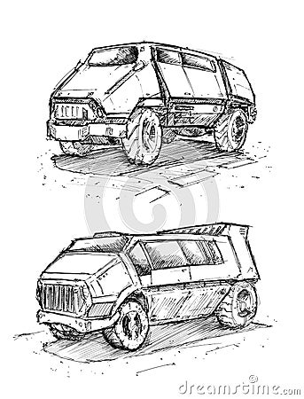 Ink Concept Art Drawing of Futuristic or Sci-fi Van or Delivery Truck Stock Photo