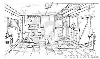Ink Drawing of Abandoned and Desolated Interior Corridor Stock Photo