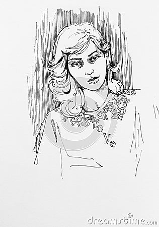 Ink drawing female portrait sketch character illustration on paper Cartoon Illustration