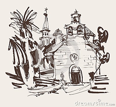 Ink drawing of historic church in with palm in Budva Montenegro Vector Illustration