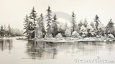 Monochromatic Realism: Majestic Pine Trees Along Water Stock Photo