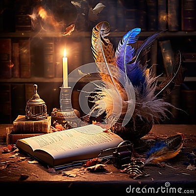 Ink Enchantments: A Quill's Magical Journey Cartoon Illustration