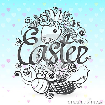 Ink hand drawn illustration with all the symbols of Easter and S Vector Illustration