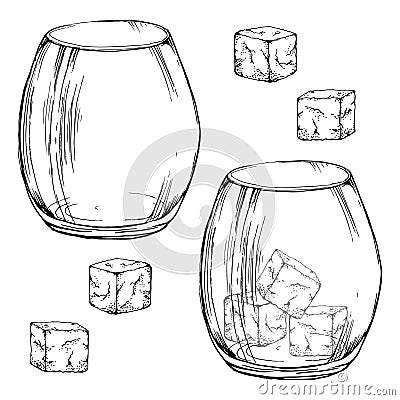 Ink hand drawn vector sketch of isolated object. Scotch whisky whiskey empty glass with rocks. Scottish symbol drink Vector Illustration