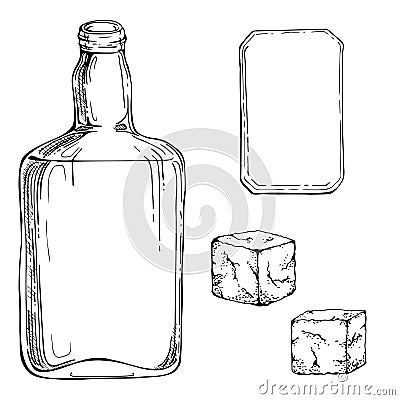 Ink hand drawn vector sketch of isolated object. Scotch whisky whiskey glass square bottle with label and rocks Vector Illustration