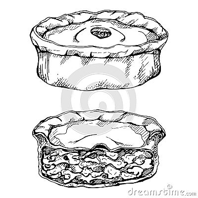 Ink hand drawn vector sketch of isolated object. Scotland symbol food, scotch shell pie with minced meat or steak Vector Illustration