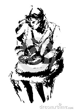 Ink illustration of sitting woman Vector Illustration