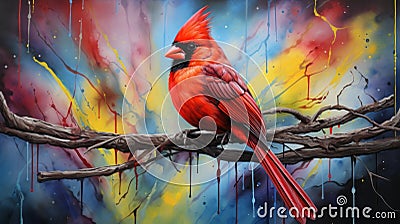Ink Mural Painting: A Unique Shinning Yellow Northern Cardinal Stock Photo