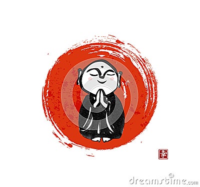 Ink painting of praying japanese boddhisattva Jizo in big red sun circle. Traditional Japanese ink wash painting of Stock Photo
