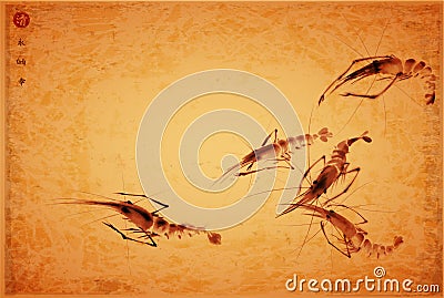 Ink painting of shrimps on vintage background. Traditional oriental ink painting sumi-e, u-sin, go-hua. Hieroglyphs - Stock Photo