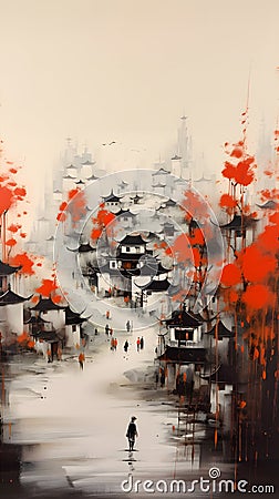 An ink painting of a traditional Chinese village. Stock Photo