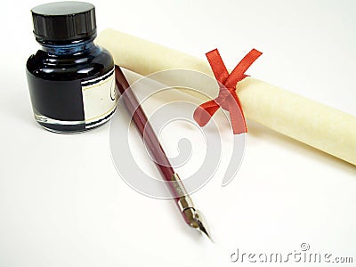 Ink Parchment and Pen Stock Photo