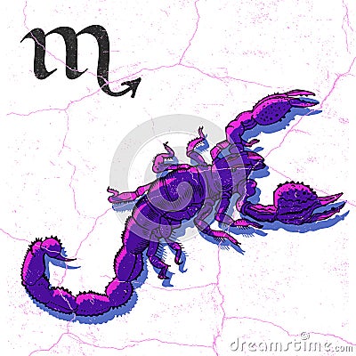 Ink pen drawing of scorpion. Scorpio Zodiac sign design in retro misprint stamp style. Astrology, fortune telling Stock Photo