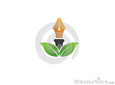 Ink pen and leaf logo design combination. Write and eco symbol or icon, organic leaves logotype illustration Cartoon Illustration