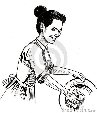 Housewife washing dishes Stock Photo