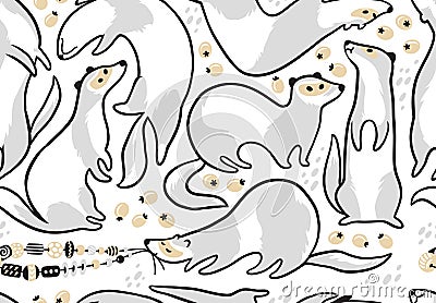 Cute cartoon ferrets seamless pattern in outline. Vector illustration Vector Illustration