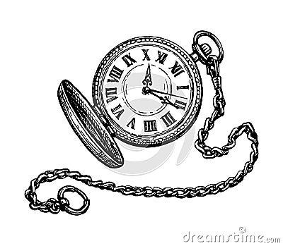 Ink sketch of pocket watch. Vector Illustration