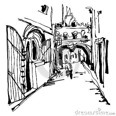 Ink sketching of historic narrow cobbled street in Budva Vector Illustration