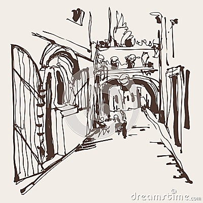 ink sketching of historic narrow cobbled street in Budva Montene Vector Illustration