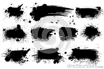 Ink splashes. Black inked splatter dirt stain splattered spray splash with drops blots isolated vector grunge set Vector Illustration