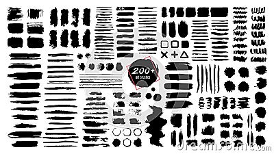 Ink textured brush. Grunge strokes and dirty texture paint splatters. Artistic brush blots, frames and text boxes Vector Illustration