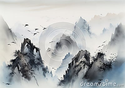 Ink Wash Painting of Mountains with Flying Birds Oriental Minimalism. Perfect for Wall Art. Stock Photo