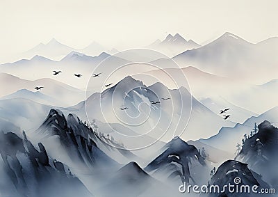 Ink Wash Painting of Mountains with Flying Birds Oriental Minimalism. Perfect for Wall Art. Stock Photo