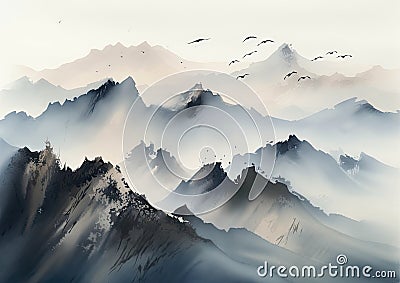Ink Wash Painting of Mountains with Flying Birds Oriental Minimalism. Perfect for Wall Art. Stock Photo
