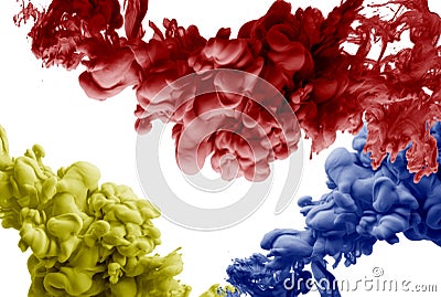 Ink in water red yellow blau smoke acrylic art colorful abstract background isolated Stock Photo