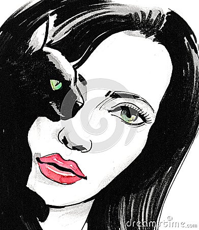 Girl and black cat Cartoon Illustration