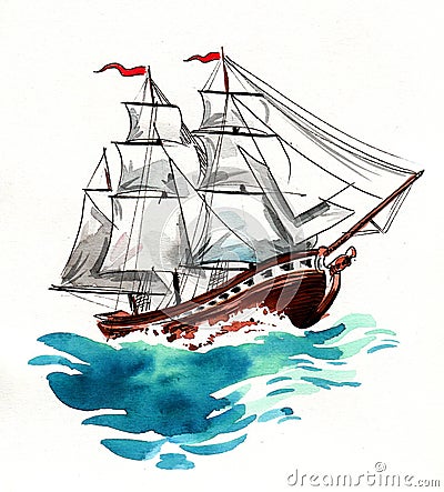 Sailing ship and waves Cartoon Illustration