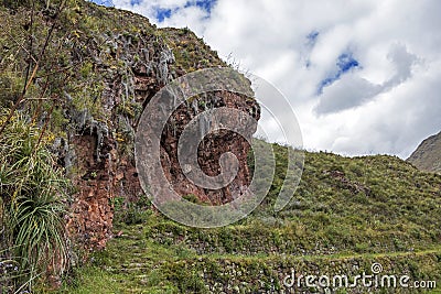 View at the agriculture Inca terraces used for plants farming, Archeological Park in Sacred Valley, Pisac near Cusco, Peru Stock Photo