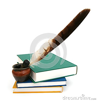 Inkstand and old books Stock Photo