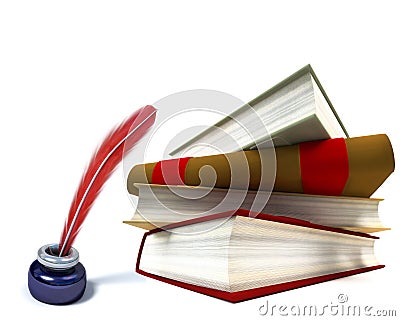Inkwell, books and quill Stock Photo