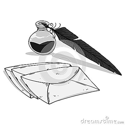 Inkwell with feather and envelope hand drawn. Vector illustration of envelope with inkwell with feather. Cartoon Illustration