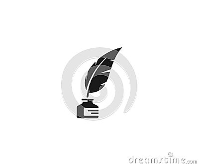 Inkwell and feather pen logo template. Ink bottle and quill pen vector design Vector Illustration