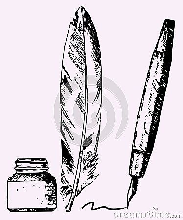 Inkwell, feather, pen Vector Illustration