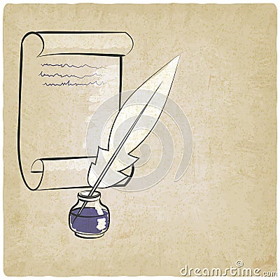 Inkwell pen paper old background Vector Illustration