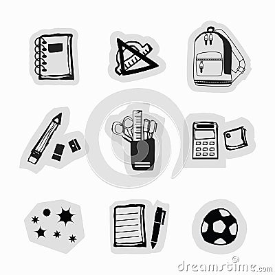 Inky black hand drawn school supplies and stationery stickers icons set Vector Illustration